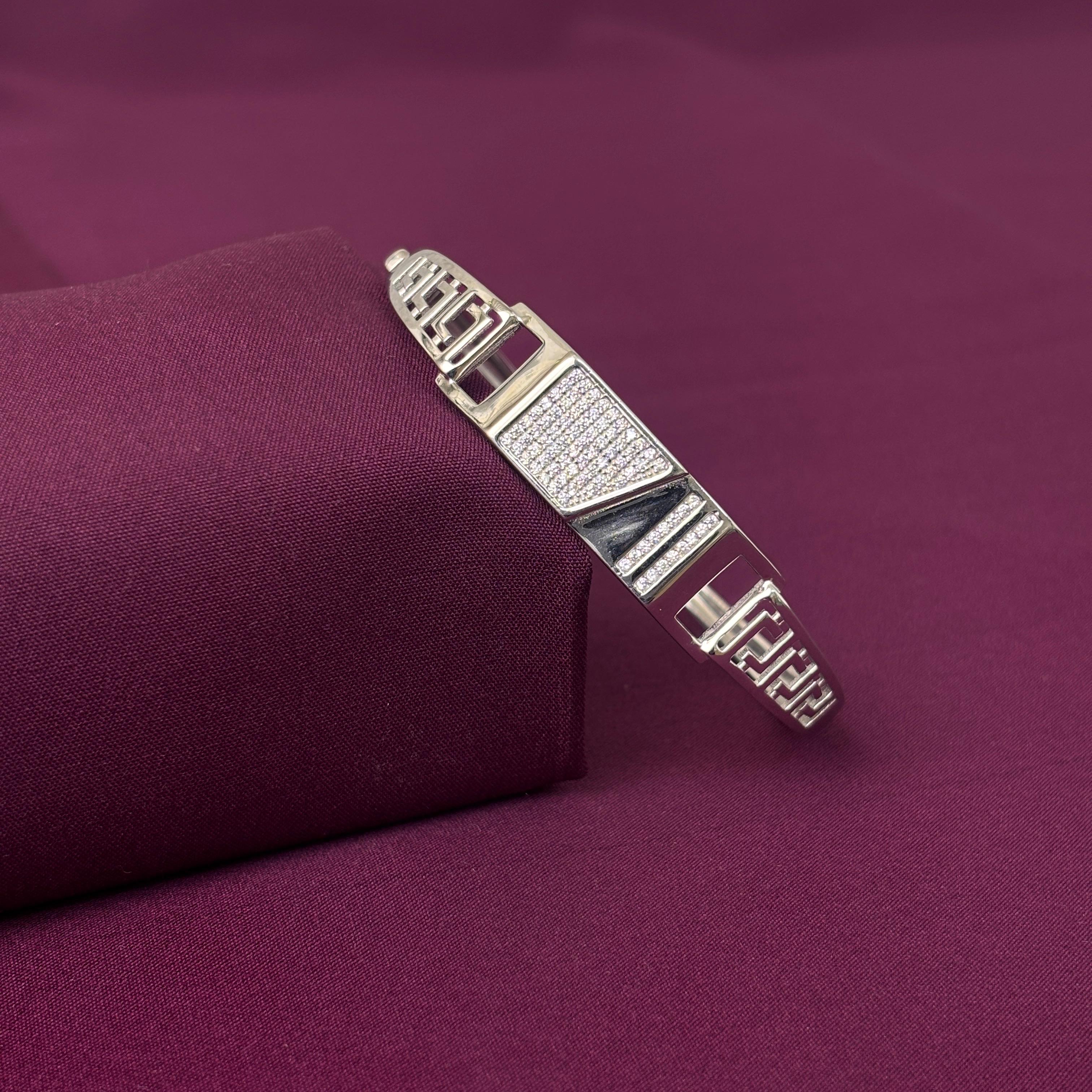 925 Sterling Silver Designer Kada for Men | Stone Studded Geometric Pattern Bracelet