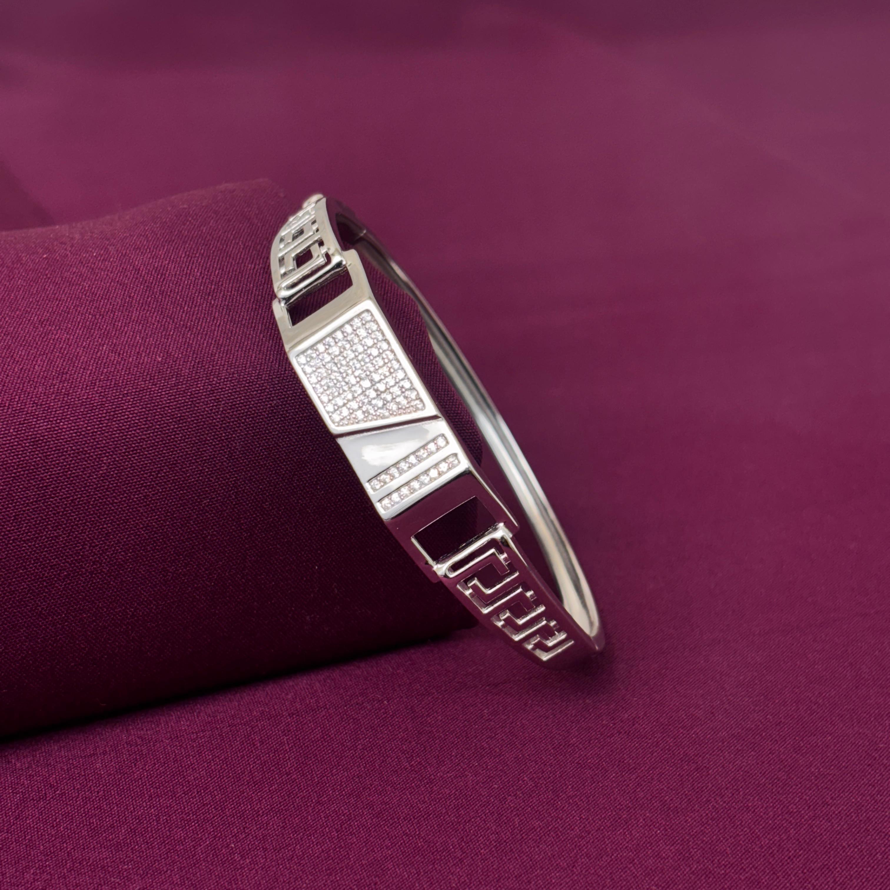 925 Sterling Silver Designer Kada for Men | Stone Studded Geometric Pattern Bracelet