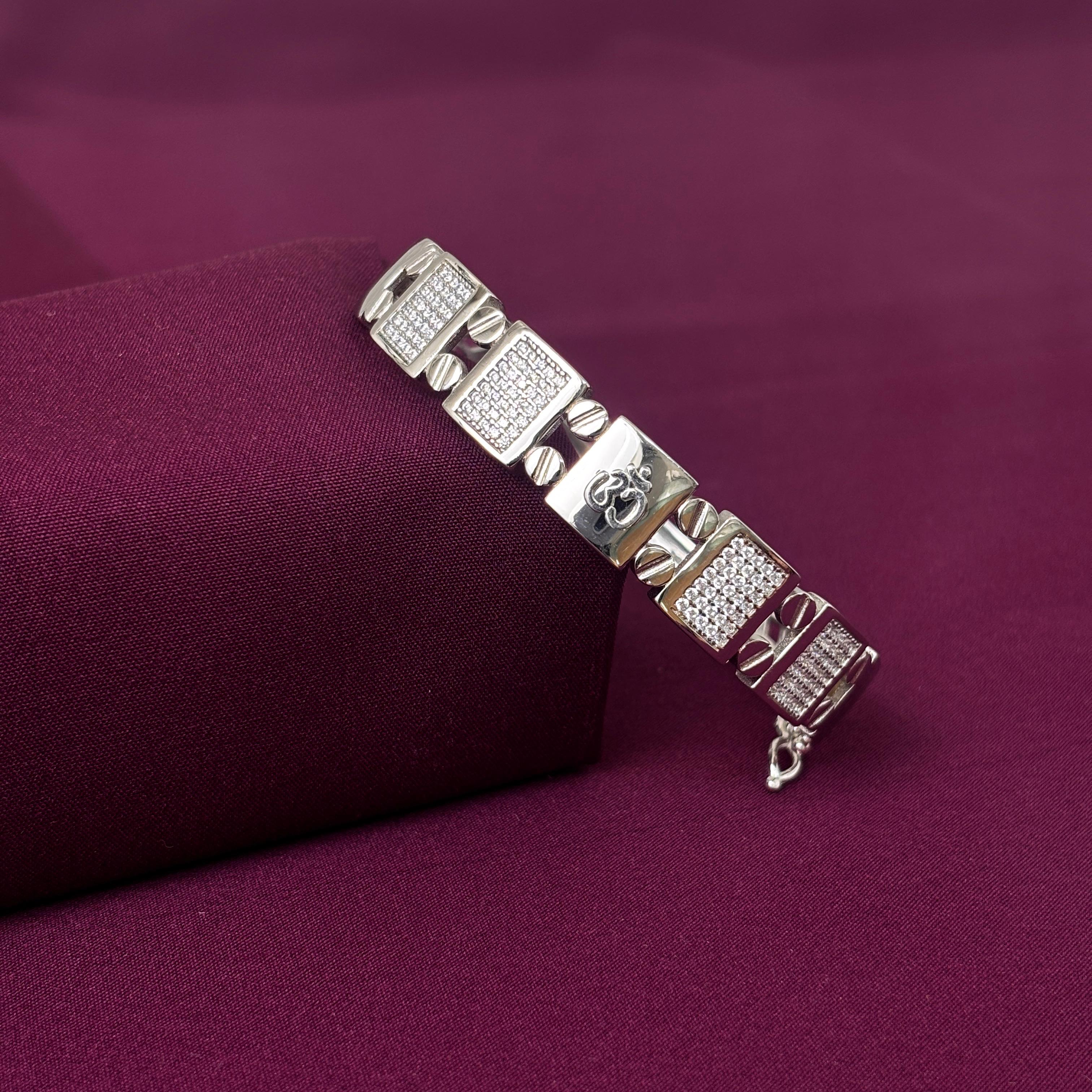 925 Sterling Silver Om CZ Designer Kada for Men | Spiritual Silver Bracelet