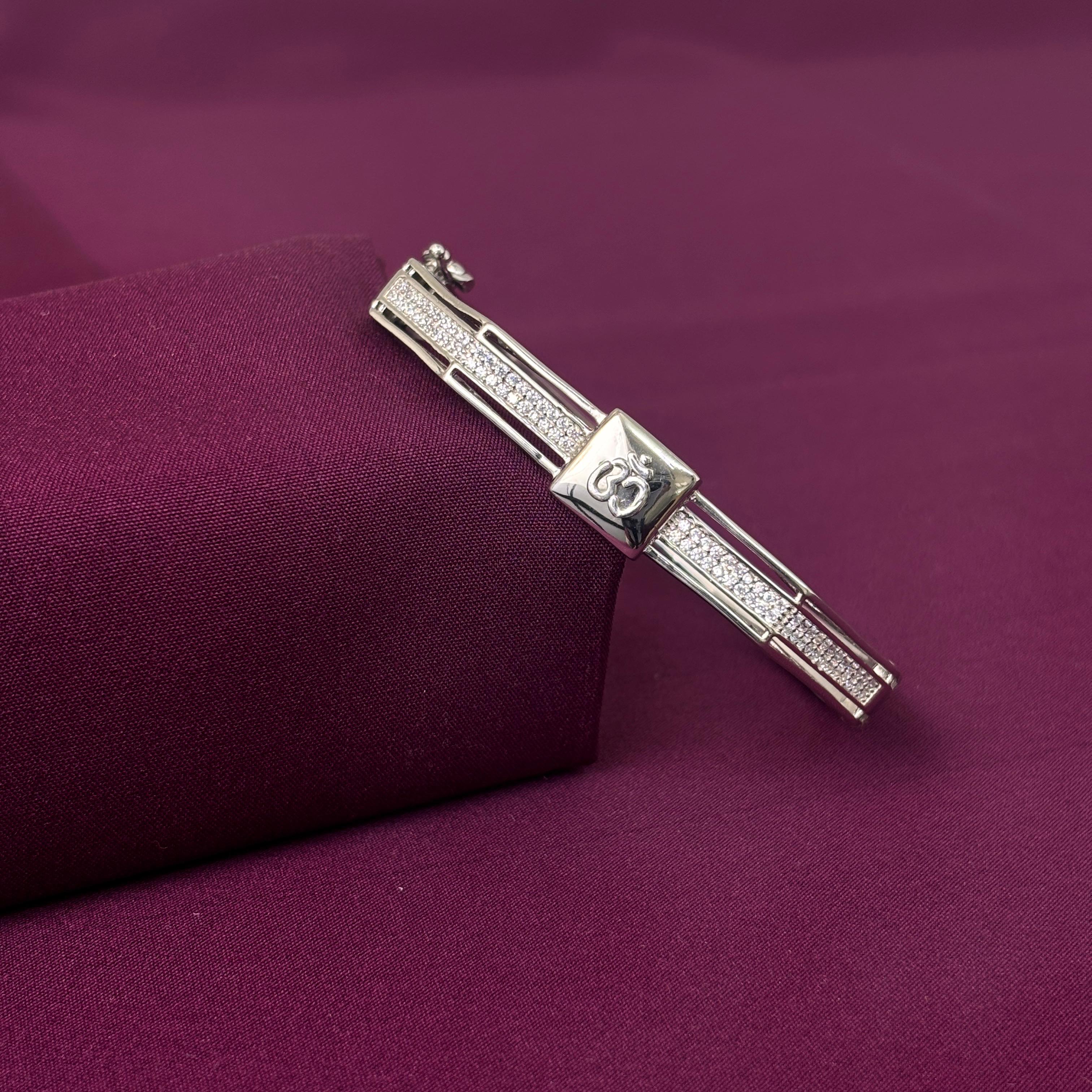 925 Sterling Silver Om CZ Kada for Men | Designer Silver Bracelet