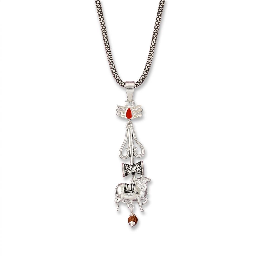 925 Sterling Silver Shiv Trishul Damru Nandi Pendant Chain for Men | Mahadev Rudraksha Divine Necklace | BIS Hallmarked