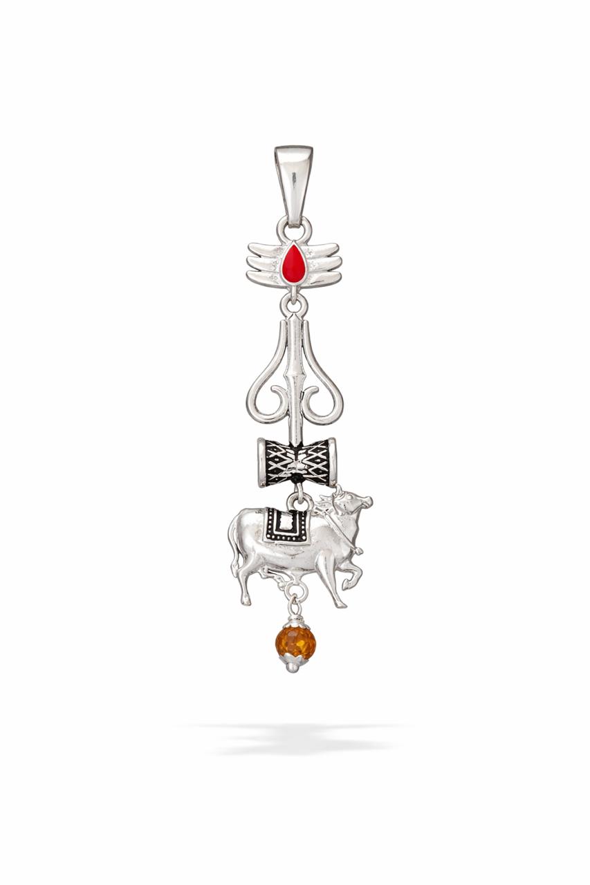 925 Sterling Silver Shiv Trishul Damru Nandi Pendant Chain for Men | Mahadev Rudraksha Divine Necklace | BIS Hallmarked