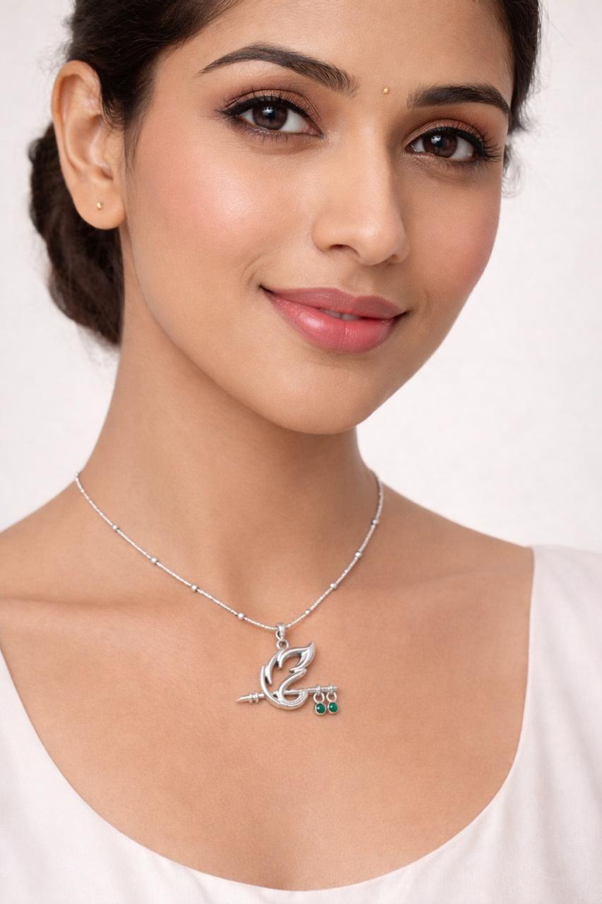 925 Sterling Silver Krishna Divine Flute Pendant Chain for Women | Peacock Feather Inspired Necklace with CZ Stones | BIS Hallmarked