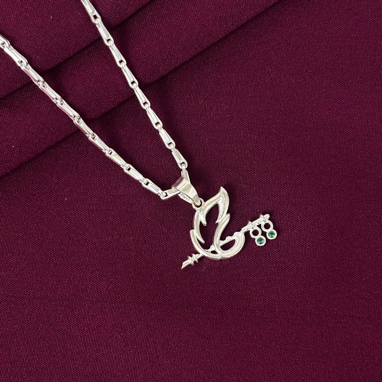 925 Sterling Silver Krishna Divine Flute Pendant Chain for Men | Peacock Feather Inspired Spiritual Necklace with Green CZ | BIS Hallmarked