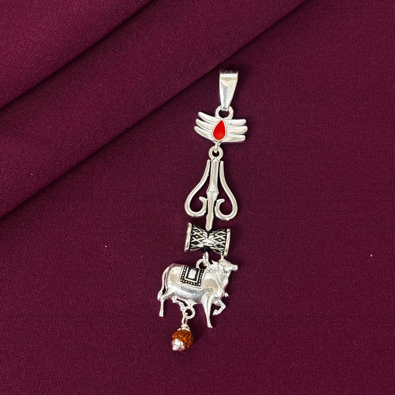 925 Sterling Silver Shiv Trishul Damru Nandi Pendant Chain for Men | Mahadev Rudraksha Divine Necklace | BIS Hallmarked