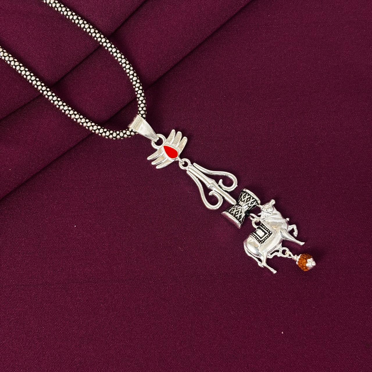 925 Sterling Silver Shiv Trishul Damru Nandi Pendant Chain for Men | Mahadev Rudraksha Divine Necklace | BIS Hallmarked