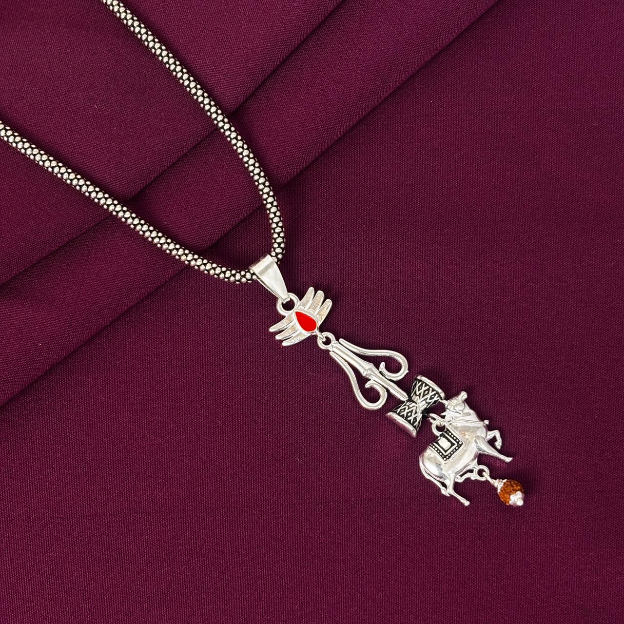 925 Sterling Silver Shiv Trishul Damru Nandi Pendant Chain for Men | Mahadev Rudraksha Divine Necklace | BIS Hallmarked