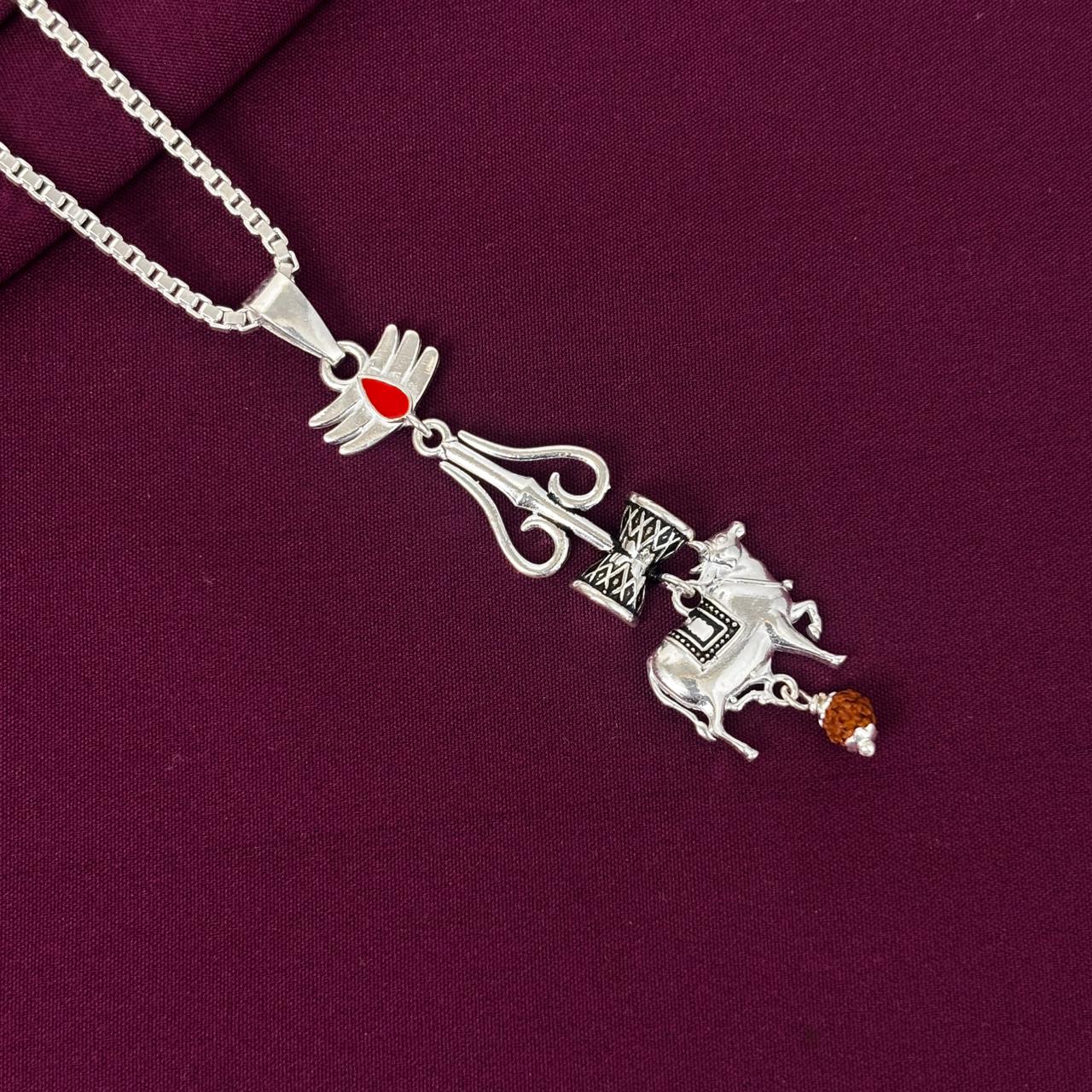 925 Sterling Silver Shiv Trishul Damru Nandi Pendant with Box Chain for Men | Mahadev Rudraksha Necklace