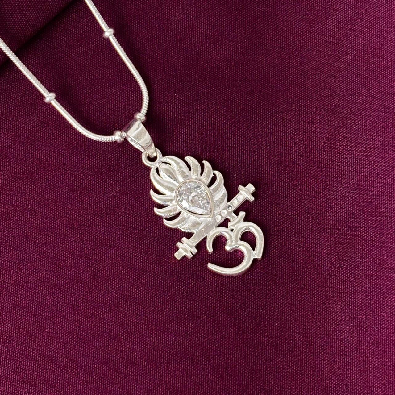 Kids 925 Sterling Silver Om Krishna Flute Pendant Chain with CZ Stone | Spiritual Jewellery for Boys & Girls