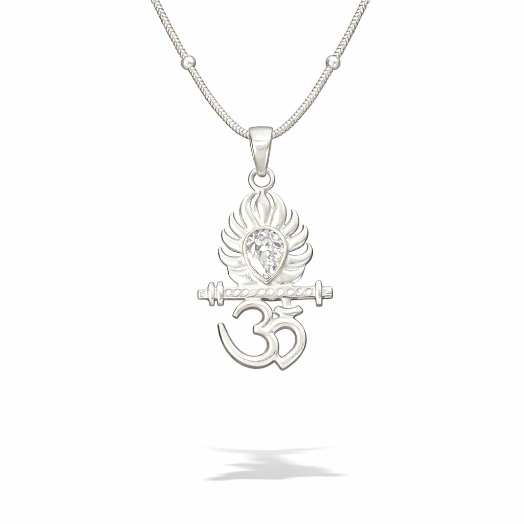 Kids 925 Sterling Silver Om Krishna Flute Pendant Chain with CZ Stone | Spiritual Jewellery for Boys & Girls