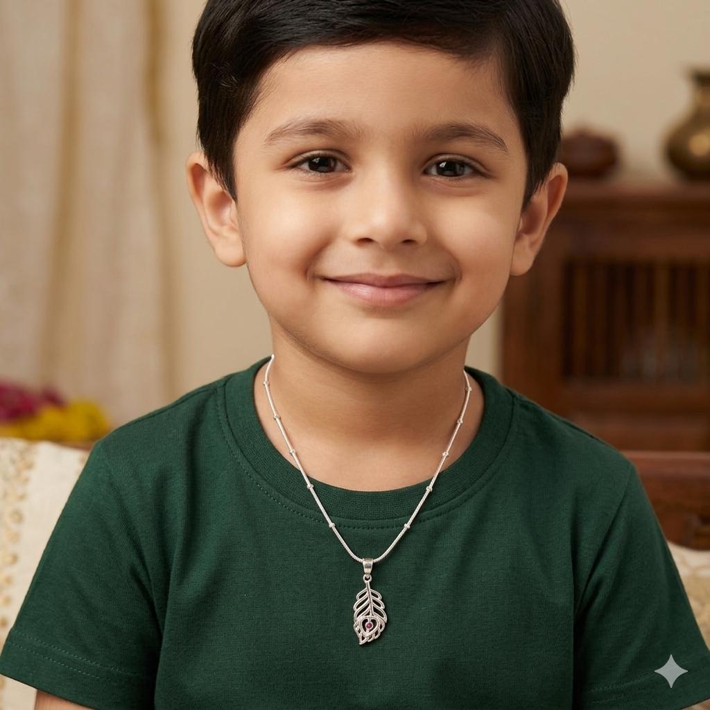 Kids 925 Sterling Silver Peacock Feather Pendant Chain | Krishna Mor Pankh Jewellery for Boys & Girls