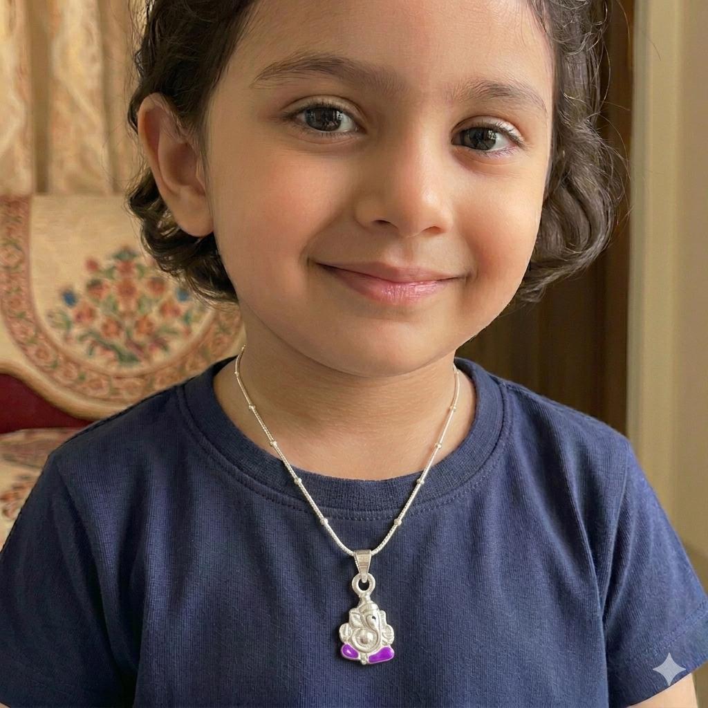 Kids 925 Sterling Silver Ganesha Pendant Chain | Cute Ganpati Silver Necklace for Boys & Girls