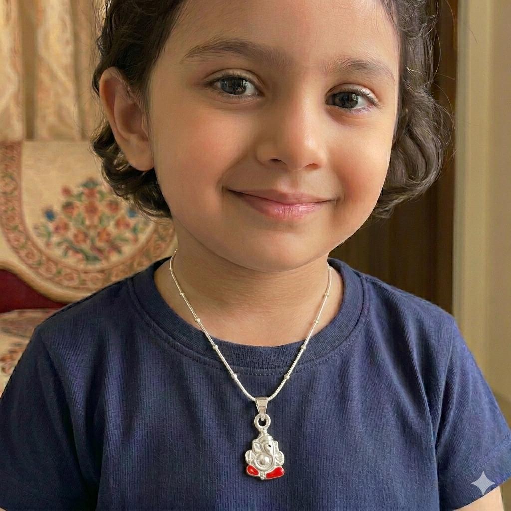 Kids 925 Sterling Silver Ganesha Pendant Chain | Cute Ganpati Bappa Jewellery for Boys & Girls