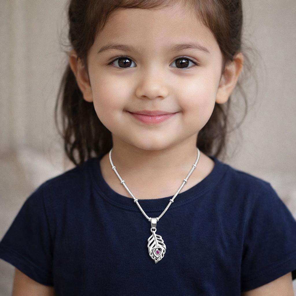 Kids 925 Sterling Silver Peacock Feather Pendant Chain | Krishna Mor Pankh Jewellery for Boys & Girls