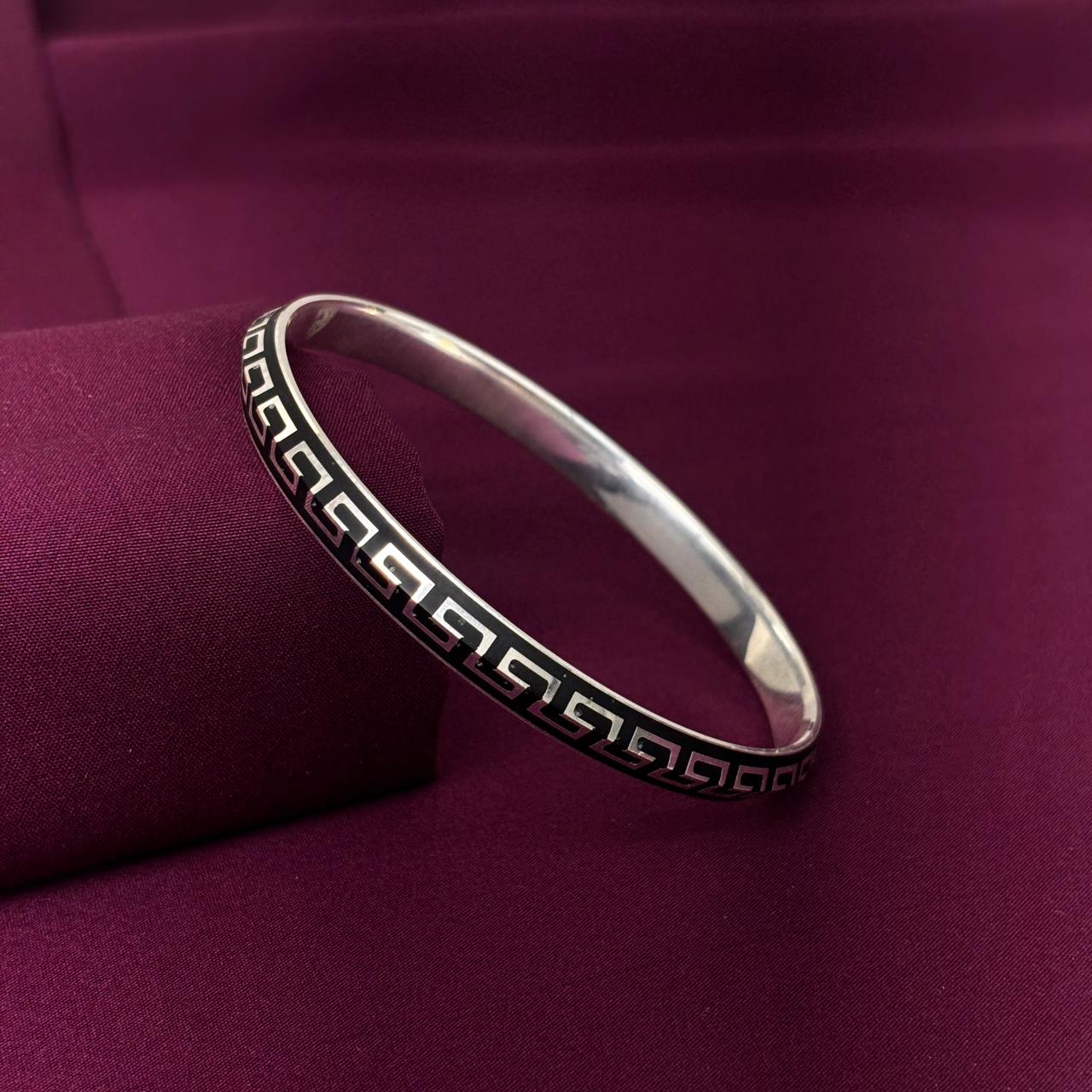 Men’s 925 Sterling Silver Greek Pattern Kada with Black Enamel | Designer Bracelet for Men