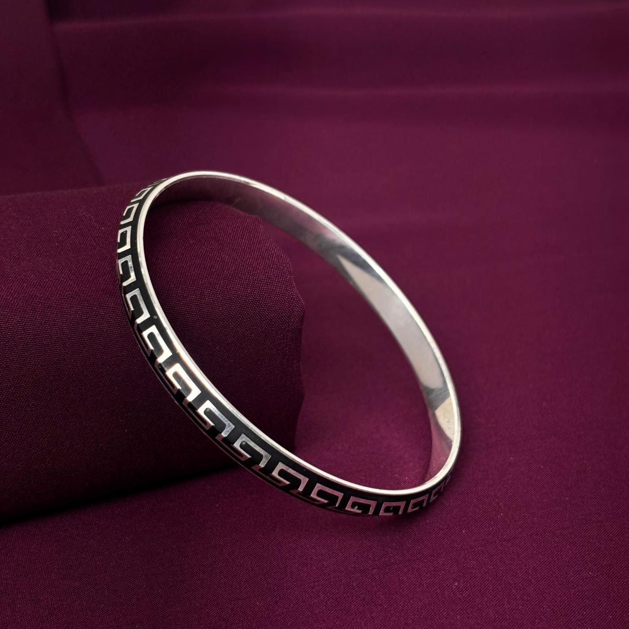 Men’s 925 Sterling Silver Greek Pattern Kada with Black Enamel | Designer Bracelet for Men