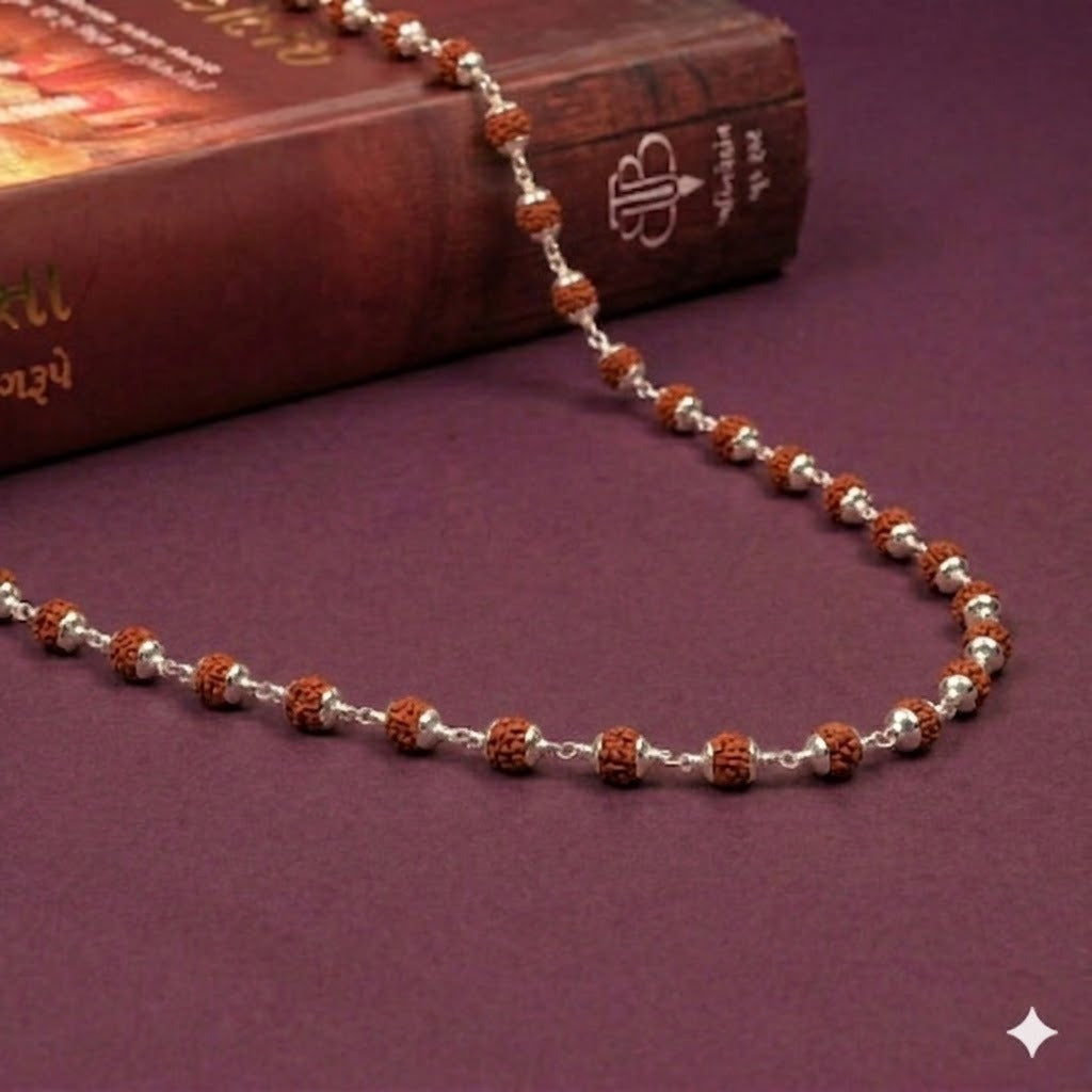 Zaviraa 925 Sterling Silver Rudraksha Mala (6MM Beads) | Natural Rudraksh Chain Necklace for Men & Women | Pure Chandi Spiritual Jewellery | Lightweight Daily Wear