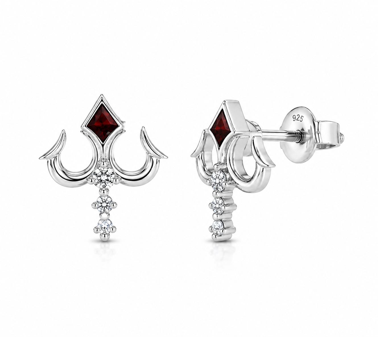 Zaviraa 925 Sterling Silver Trishul Stud Earrings for Women | Shiv Trident Design with Red Stone | Spiritual Silver Jewellery