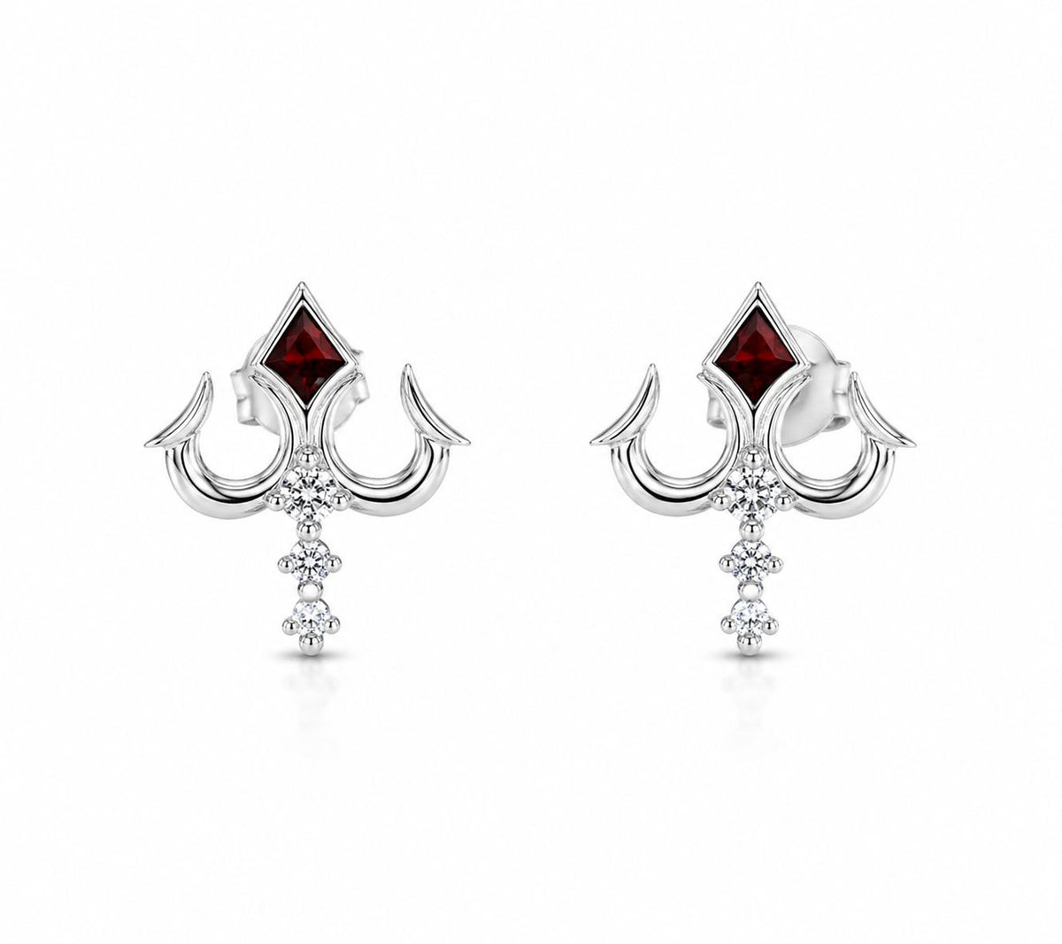 Zaviraa 925 Sterling Silver Trishul Stud Earrings for Women | Shiv Trident Design with Red Stone | Spiritual Silver Jewellery