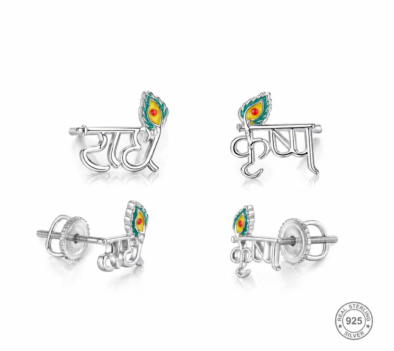 Zaviraa 925 Sterling Silver Radhe Krishna Stud Earrings for Women | Krishna Morpankh Design | Pure Chandi Spiritual Jewellery