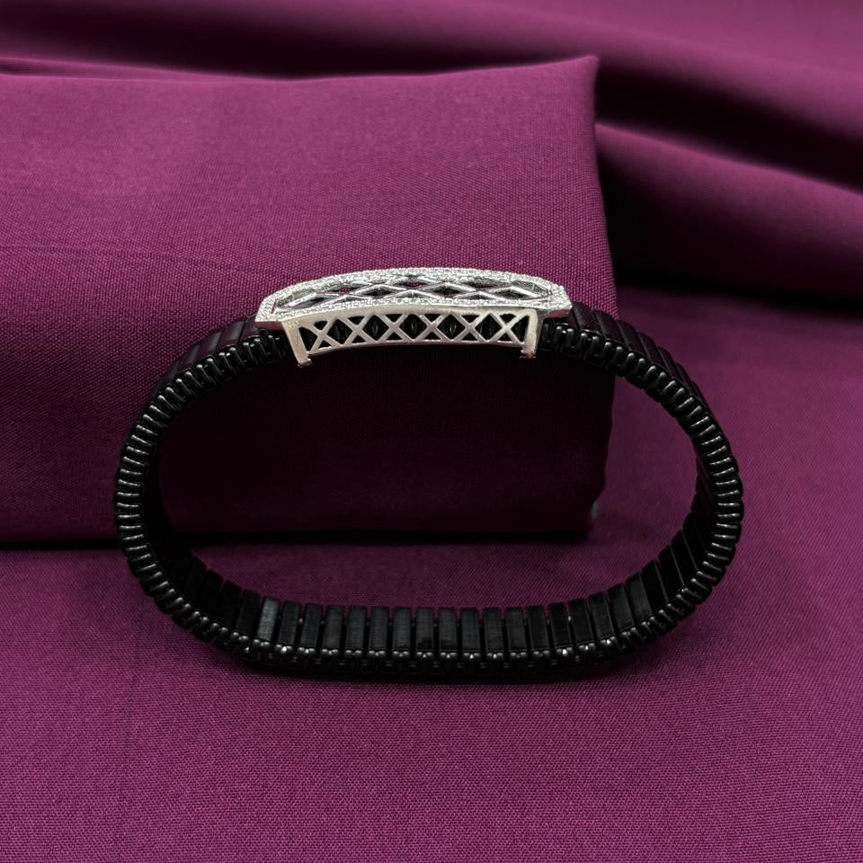 925 Sterling Silver Men’s Bracelet – Stretchable Band with Geometric Design | Premium Black Elastic Wrist Bracelet for Men