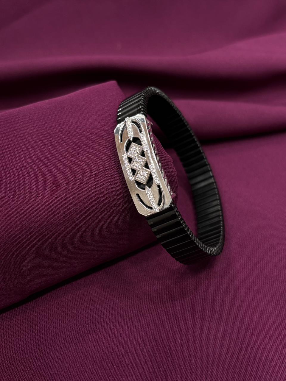 925 Sterling Silver Men’s Bracelet – Geometric Square Design Stretchable Black Band | Premium Stylish Bracelet for Men