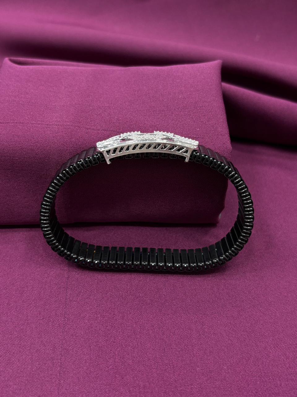 925 Sterling Silver Men’s Bracelet – Geometric Square Design Stretchable Black Band | Premium Stylish Bracelet for Men