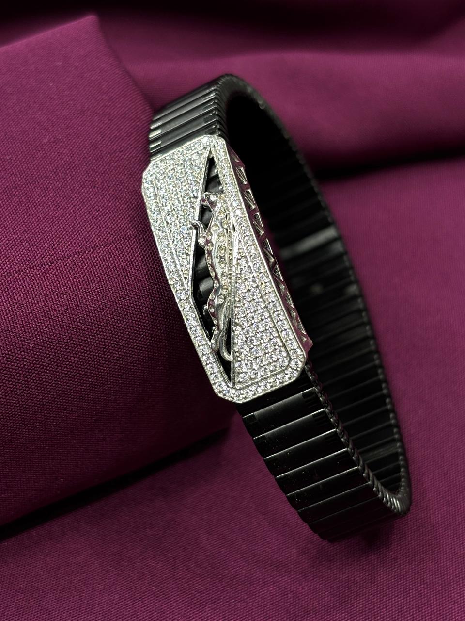 Zaviraa Cubic Zirconia Diamond Studed 925 Silver Jaguar Stretchable Band