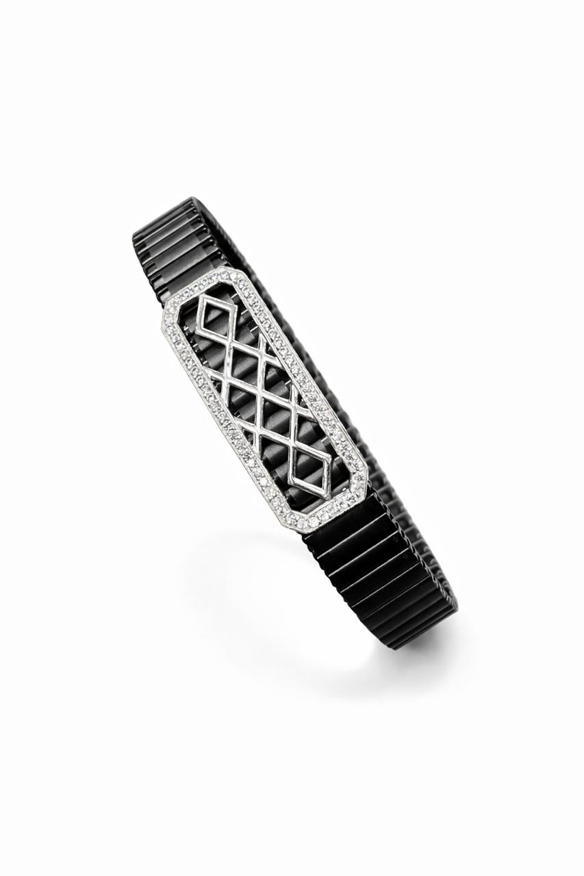 925 Sterling Silver Men’s Bracelet – Stretchable Band with Geometric Design | Premium Black Elastic Wrist Bracelet for Men
