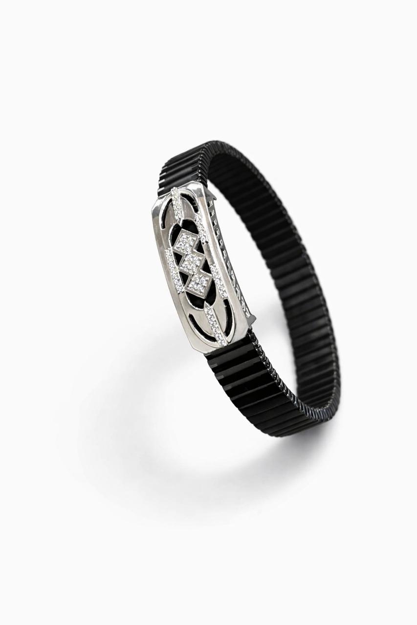 925 Sterling Silver Men’s Bracelet – Geometric Square Design Stretchable Black Band | Premium Stylish Bracelet for Men