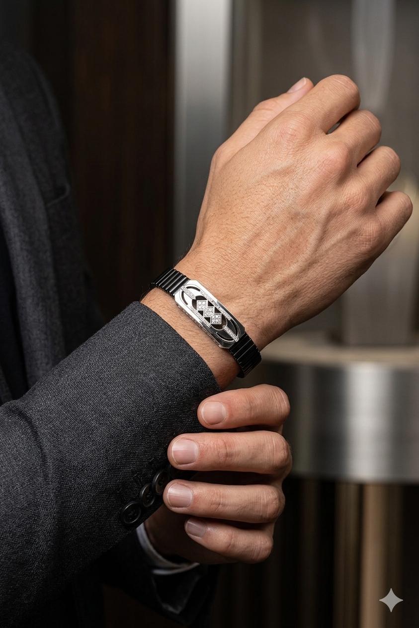 925 Sterling Silver Men’s Bracelet – Geometric Square Design Stretchable Black Band | Premium Stylish Bracelet for Men