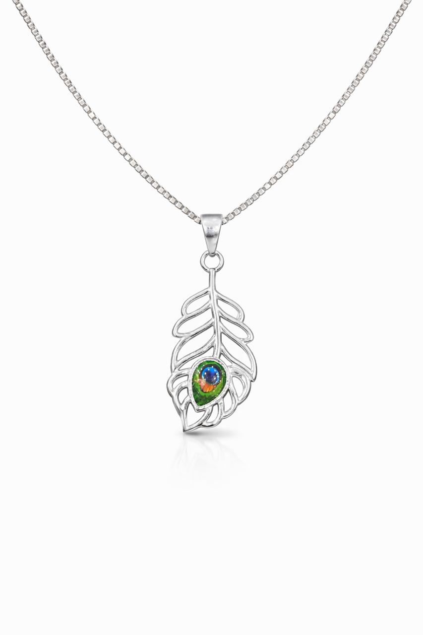 Zaviraa 925 Sterling Silver Cutout Mor Pankh Pendant with Enamel Detail & Box Chain