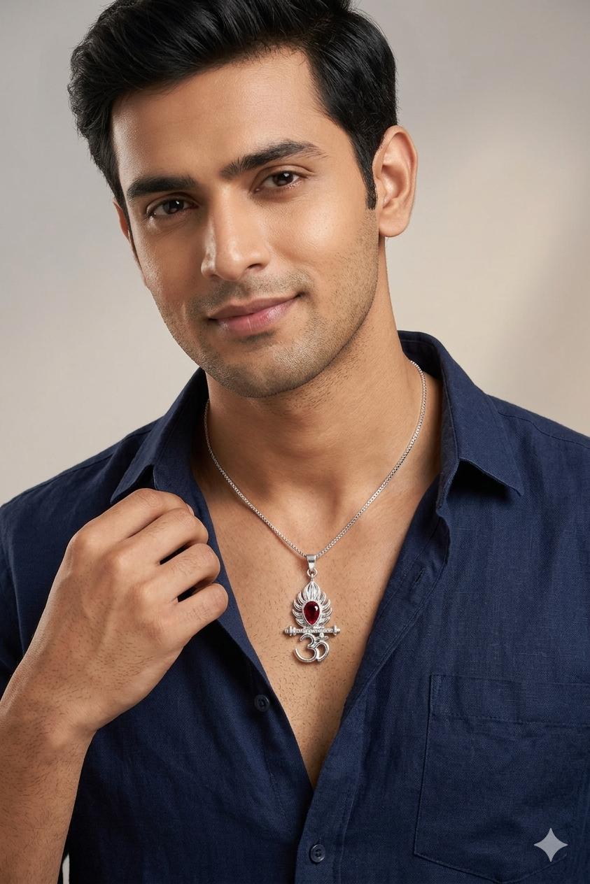 Zaviraa 925 Sterling Silver Om & Krishna Flute Pendant with Red Stone & Box Chain