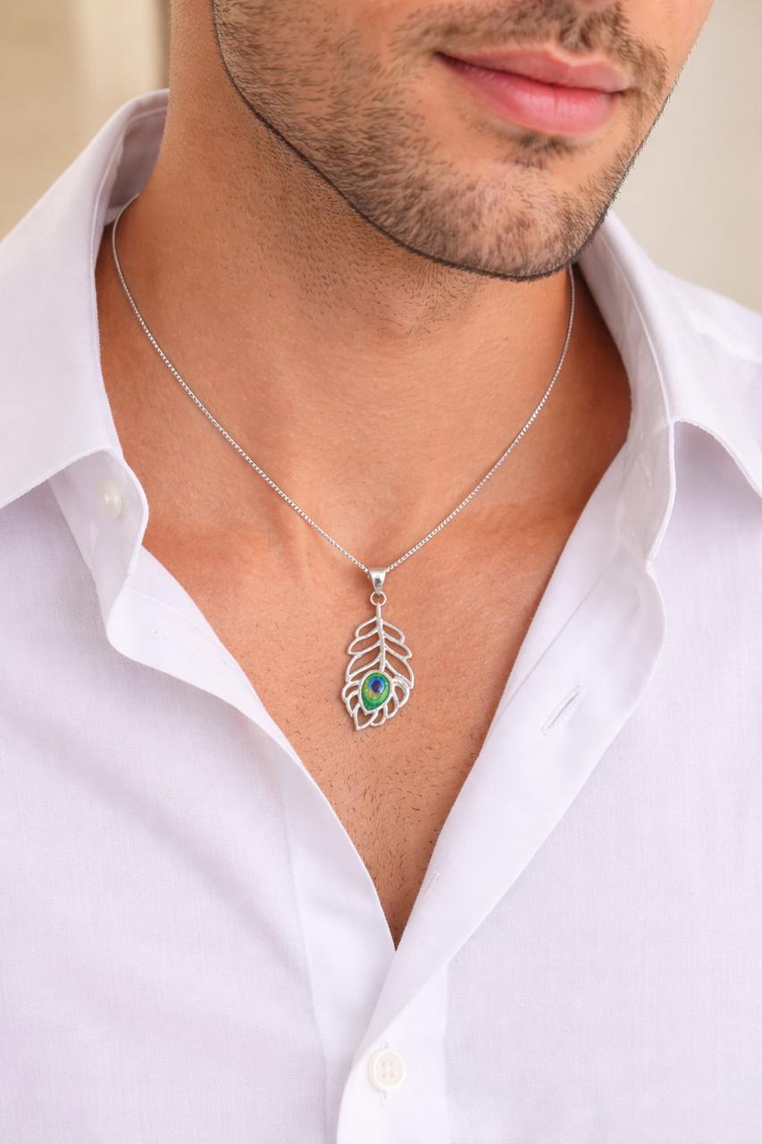 Zaviraa 925 Sterling Silver Cutout Mor Pankh Pendant with Enamel Detail & Box Chain