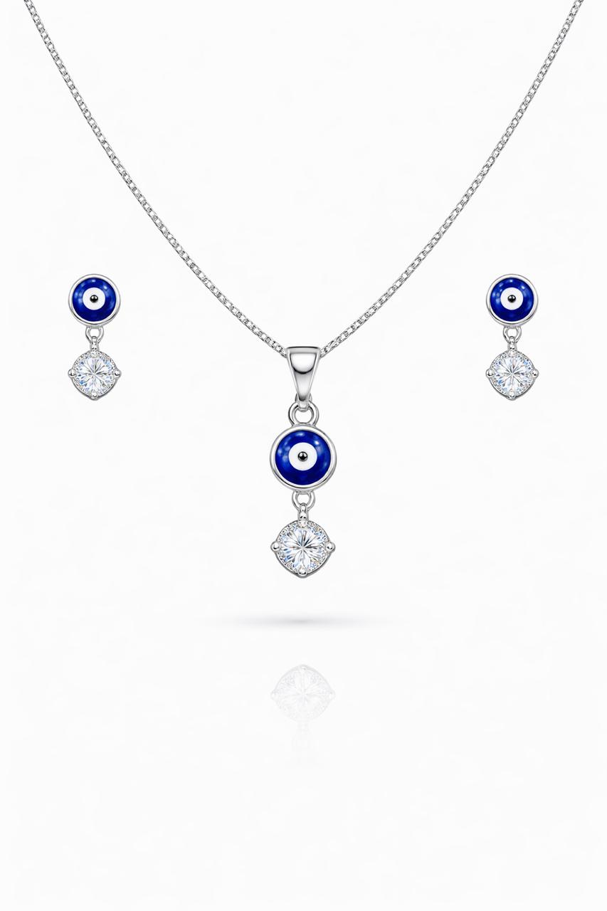 Zaviraa 925 Sterling Silver Evil Eye & Solitaire Jewelry Set with Pendant & Earrings