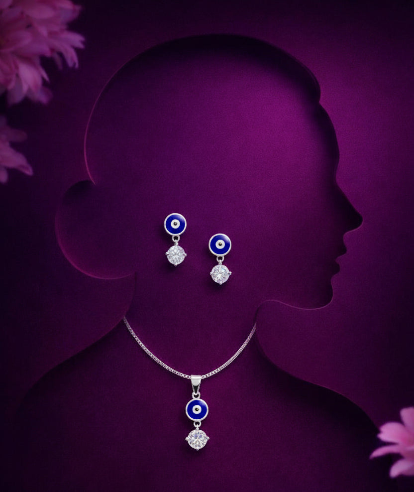 Zaviraa 925 Sterling Silver Evil Eye & Solitaire Jewelry Set with Pendant & Earrings