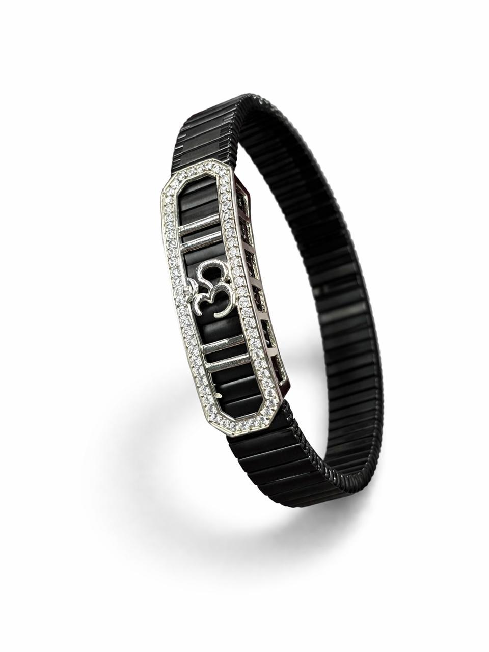 Zaviraa Eternal Om 925 Sterling Silver Iced-Out Geometric Bracelet with Black Stretch Band