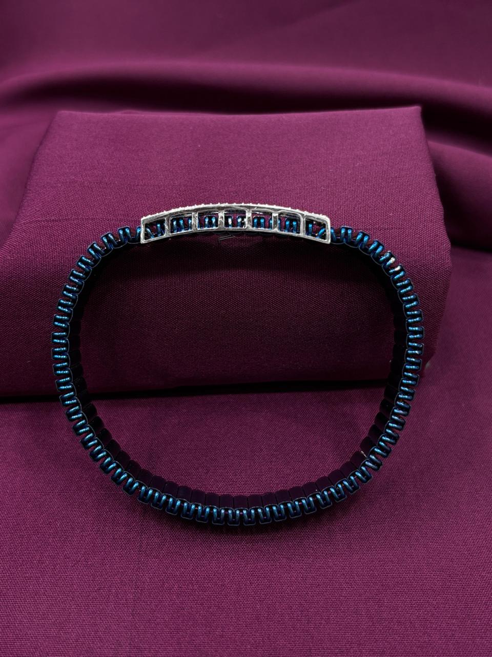 Zaviraa Royal Fleur-de-lis 925 Sterling Silver Checkered Bracelet with Blue Metallic Stretch Band