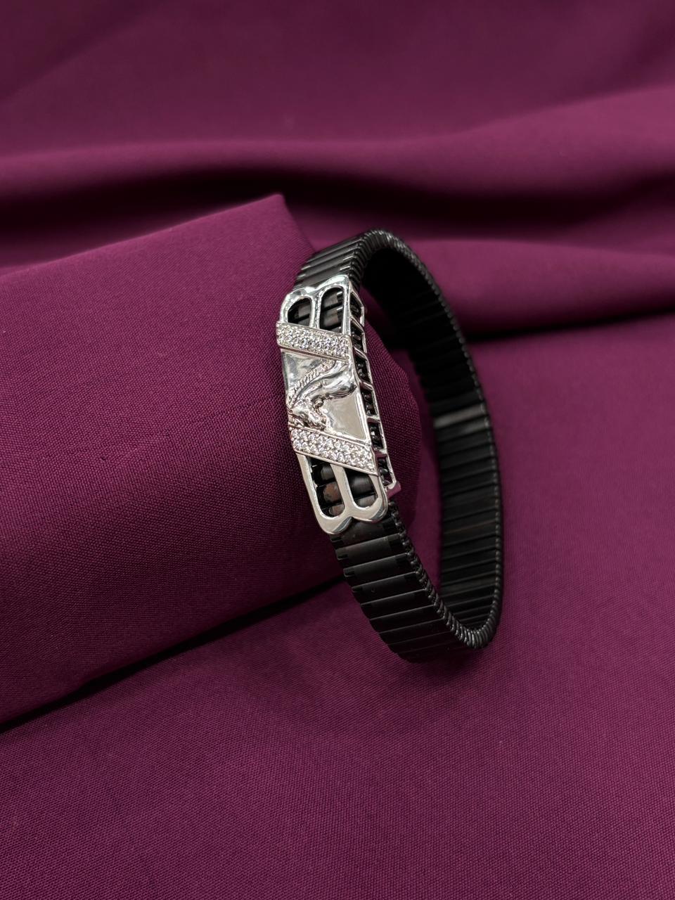 Zaviraa Spirit Stallion 925 Sterling Silver Horse Motif Bracelet with Black Stretch Band