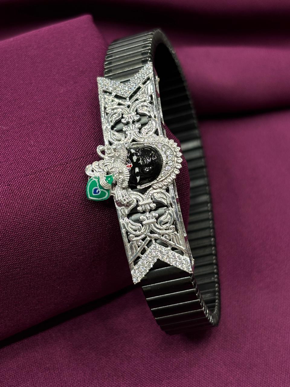 Zaviraa Divine Shrinathji 925 Sterling Silver Bracelet with Black Stretch Band