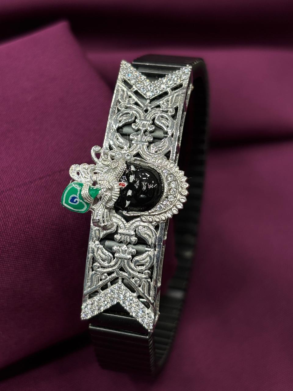 Zaviraa Divine Shrinathji 925 Sterling Silver Bracelet with Black Stretch Band
