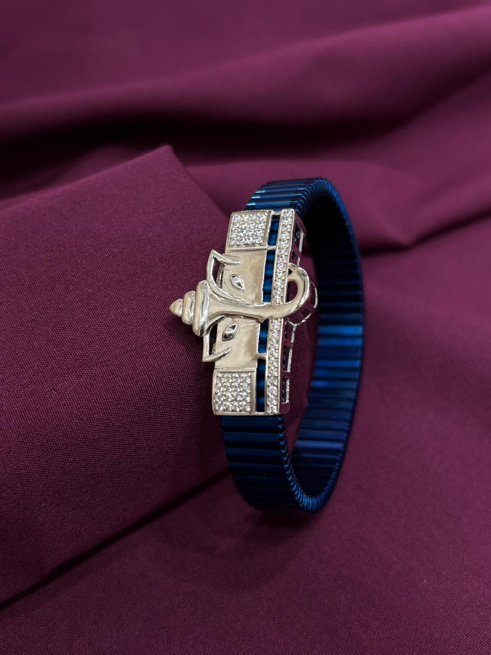 Zaviraa Divine Ganesha 925 Sterling Silver Bracelet with Royal Blue Stretch Band