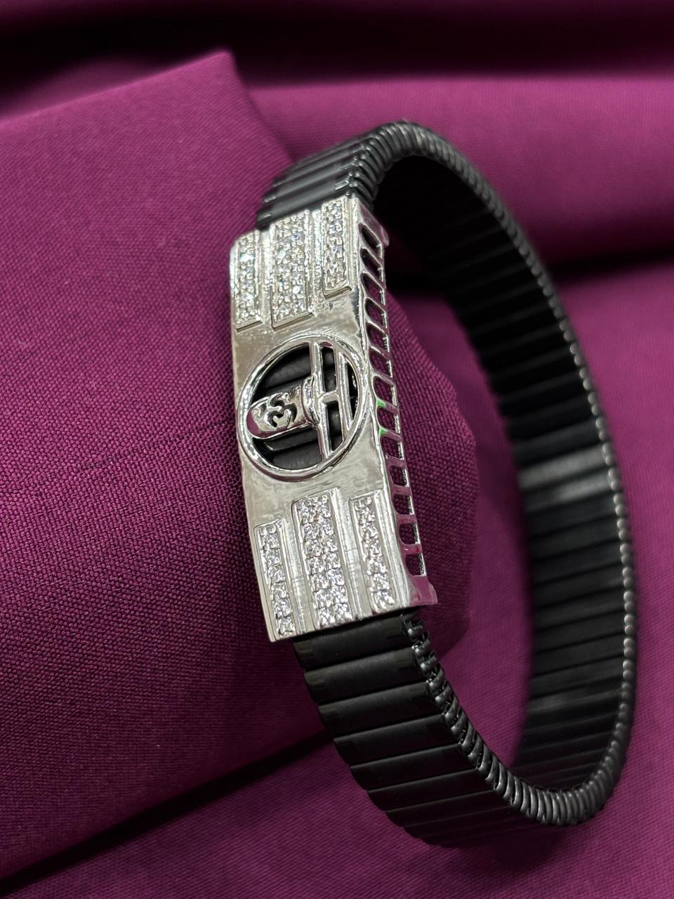 Zaviraa Sacred Om 925 Sterling Silver Iced-Out Bracelet with Black Stretch Band
