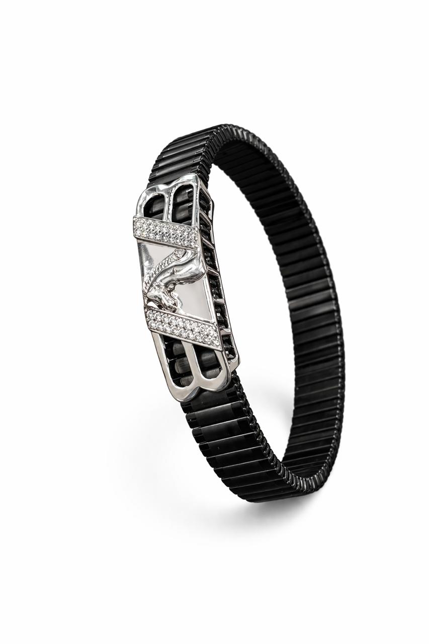 Zaviraa Spirit Stallion 925 Sterling Silver Horse Motif Bracelet with Black Stretch Band