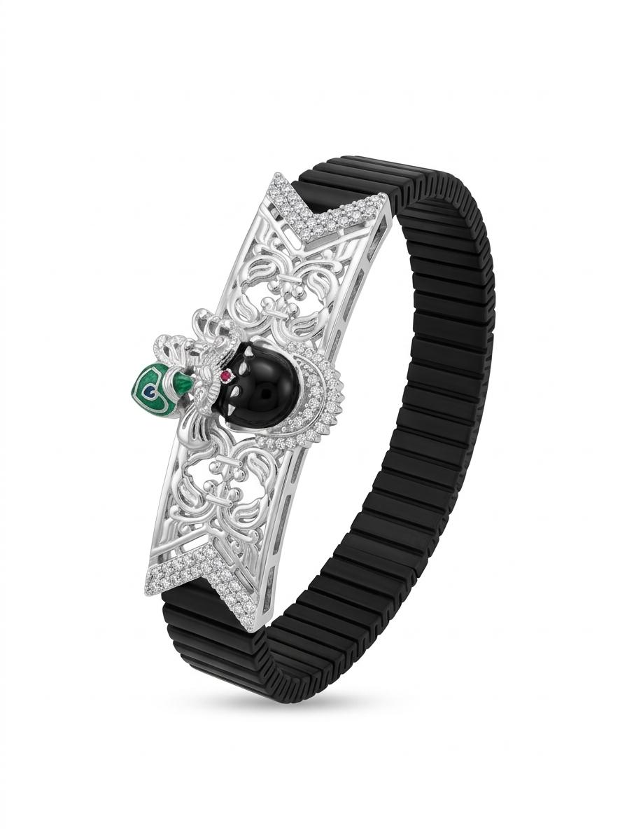 Zaviraa Divine Shrinathji 925 Sterling Silver Bracelet with Black Stretch Band
