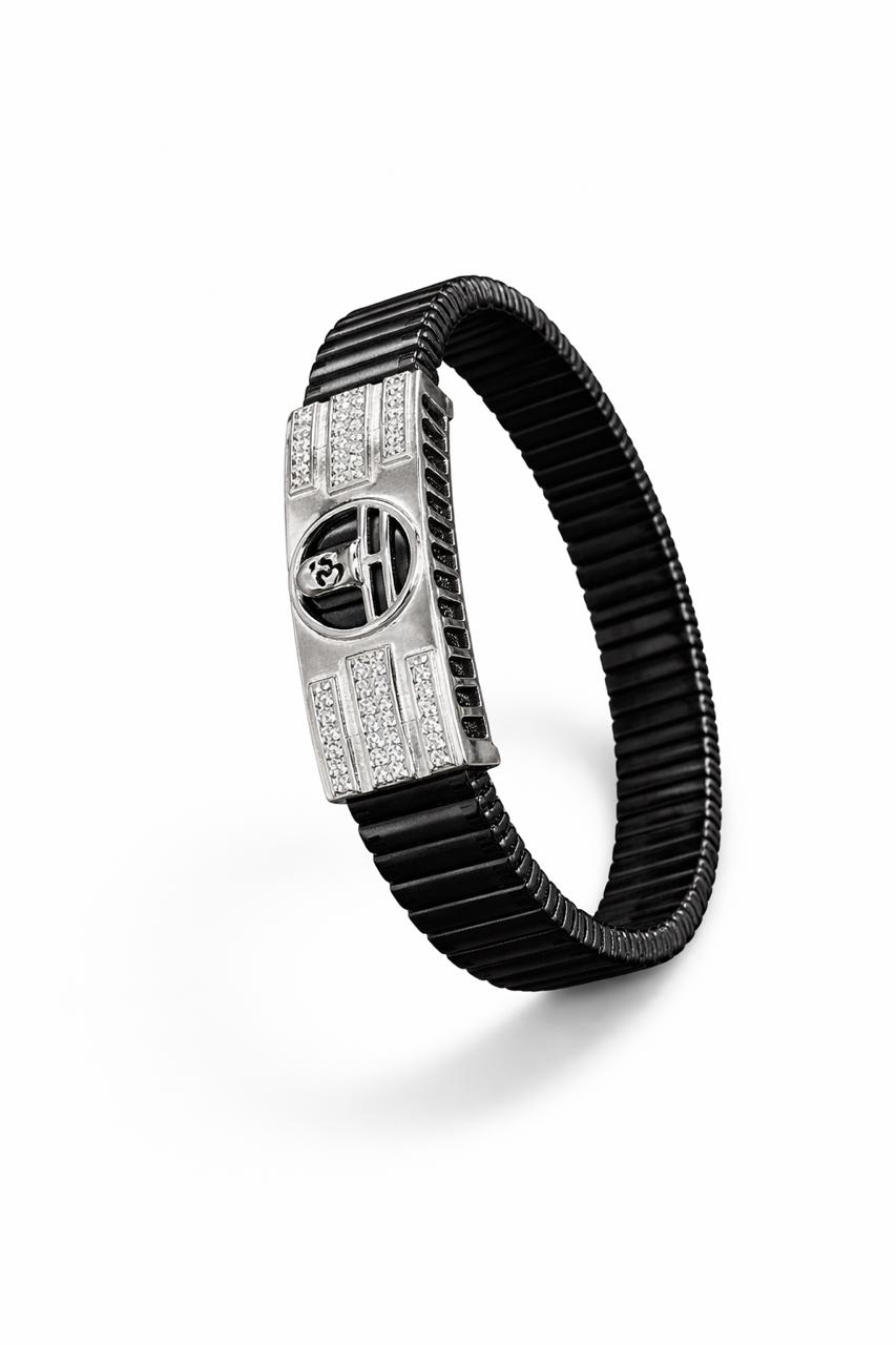 Zaviraa Sacred Om 925 Sterling Silver Iced-Out Bracelet with Black Stretch Band