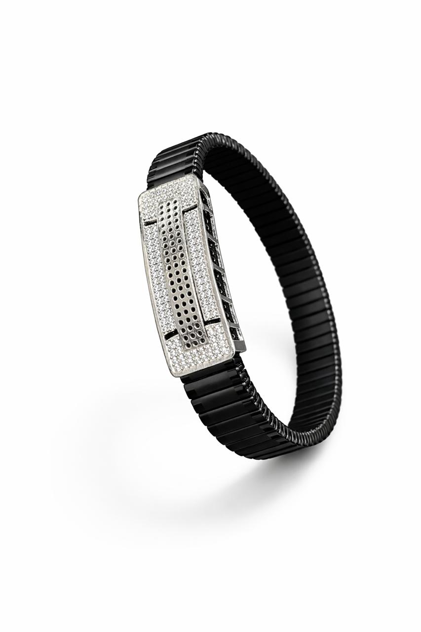 Zaviraa Urban Edge 925 Sterling Silver Iced-Out Bracelet with Black Stretch Band