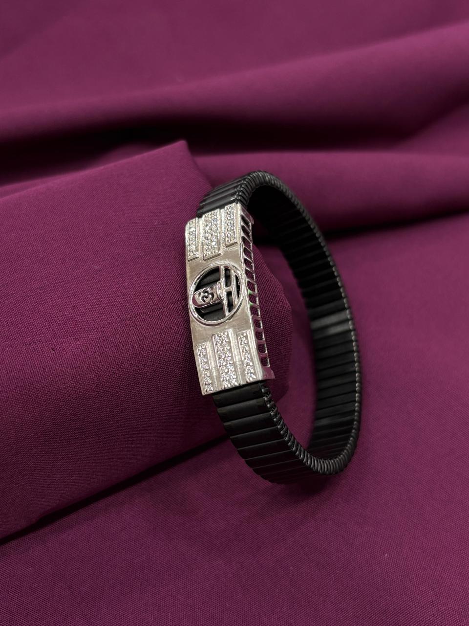 Zaviraa Sacred Om 925 Sterling Silver Iced-Out Bracelet with Black Stretch Band