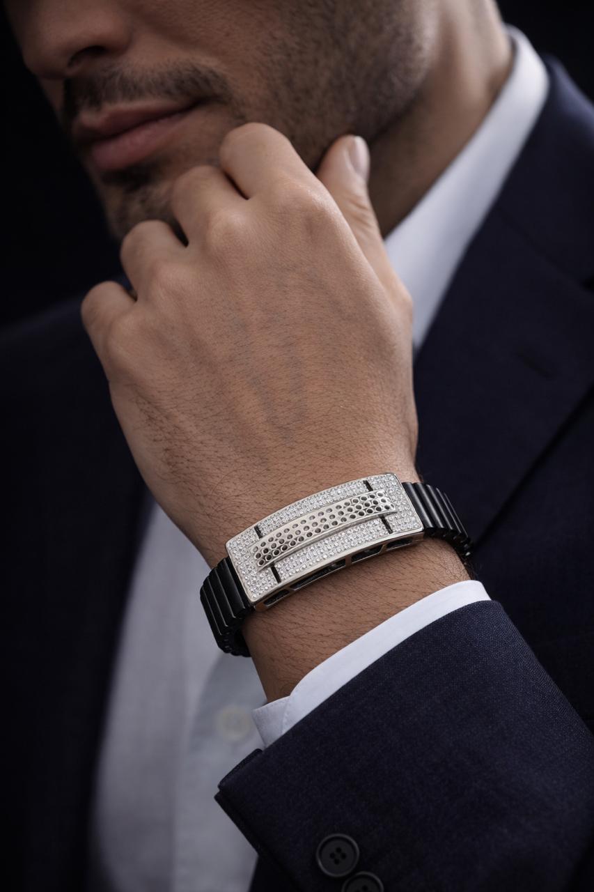 Zaviraa Urban Edge 925 Sterling Silver Iced-Out Bracelet with Black Stretch Band