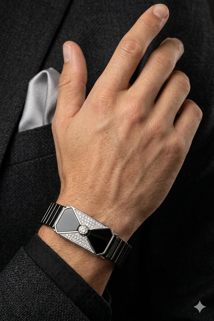 Zaviraa 'Obsidian Bow' Black Onyx and Diamond Accent Modular Stretch Bracelet in Sterling Silver